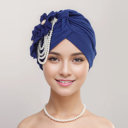 Pearls Beading Turban Cap for Women Flower Design Female Head Wraps Muslim Headscarf Bonnet Hairloss Hat Cover