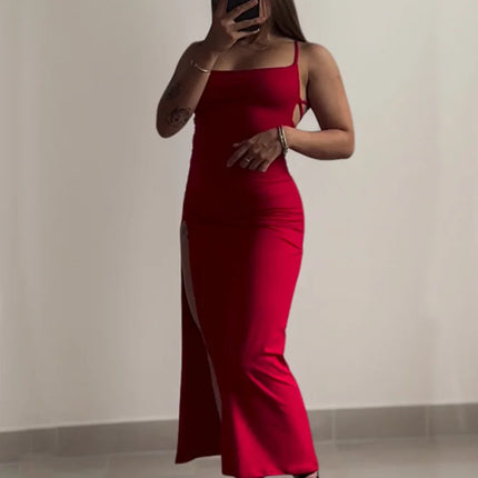 Sexy Backless Lace Up Long Dress Women Split Sleeveless Bodycon Party Club Evening Dresses High Street Female Suspender Robes