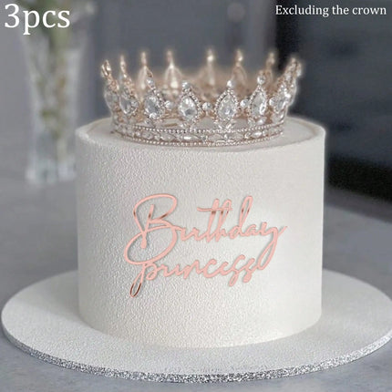 3pcs Birthday Princess Queen Acrylic Cake Topper Gold Silver Mirror Cake Insert Happy Birthday Cake Decoration for Women