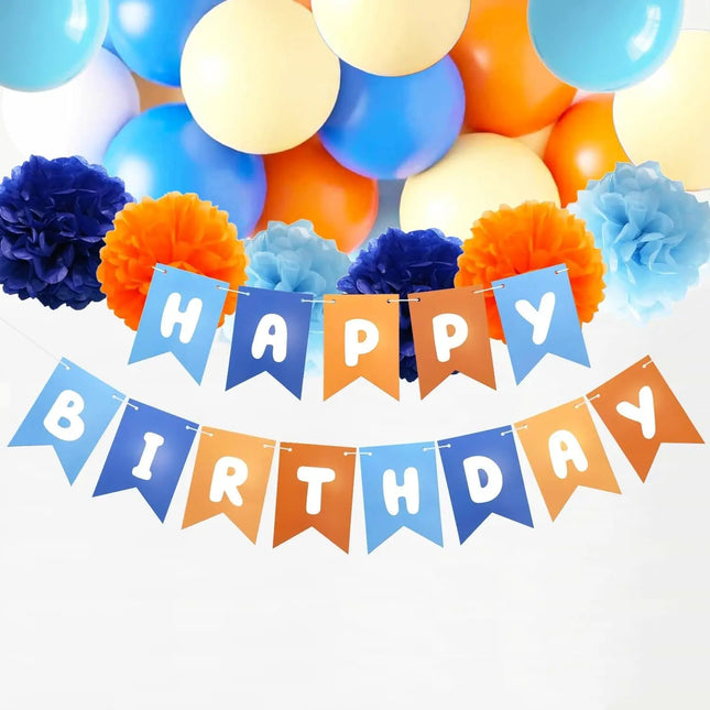 Blue and Orange Happy Birthday Banner Children's Celebration Bunting Banner Blue Orange Birthday Party Decoration Cartoon Theme