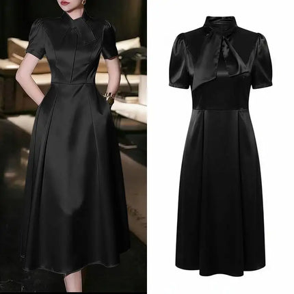 Women's Elegant Pink Satin Party Dress Tie-Neck Short Sleeves Fit and Flare A-Line Midi Dresses ZANZEA Woman Evening Robes 3XL