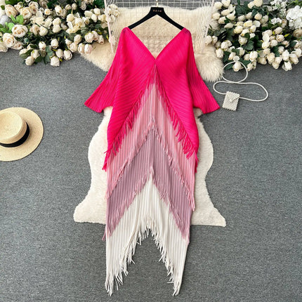 Miyake Tassel Patchwok Color Block Dress for Women Pleated Batwing Sleeve Mid-calf Dresses Fashion Female 2025 Summer
