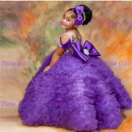 Quality Lovely Flower Girls Dress Tulle Tiered Ruffles With Big Bow Back Floor Length Kids Wedding Birthday Party Ball Gowns