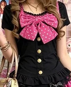 Himekaji Women's Dress Slim Y2k Polka Dot 2Piece Set Bow Top+Mini Skirt Punk Goth Basics Dresses Harajuku Summer Japanese Kawaii