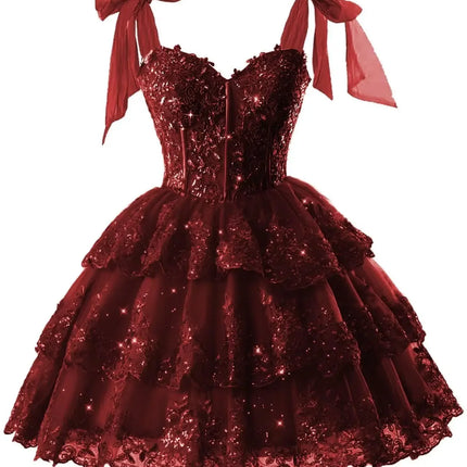 Sparkly Tiered Lace Tulle Homecoming Dresses Short Bow Straps Formal Prom Gowns Sweet 16