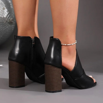 Women's Round Toe Open Toe Zipper Non-Slip Wear-Resistant Sandals Block Heel Side Empty Heels