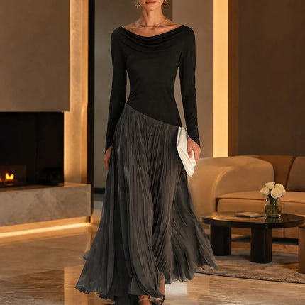 Women Draped Cowl Neck Long Sleeve Maxi Dress Asymmetrical Spliced Pleated Flowy Long Dress Elegant Cocktail Wedding Guest Formal Party Evening Dresses