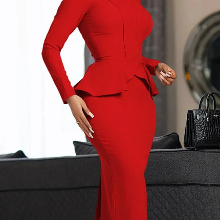 CM.YAYA Women Long Sleeve U-neck Ruffles High Waist Birthday Bodycon Midi Dress 2023 OL Work Evening Sexy Party Dresses Vestido