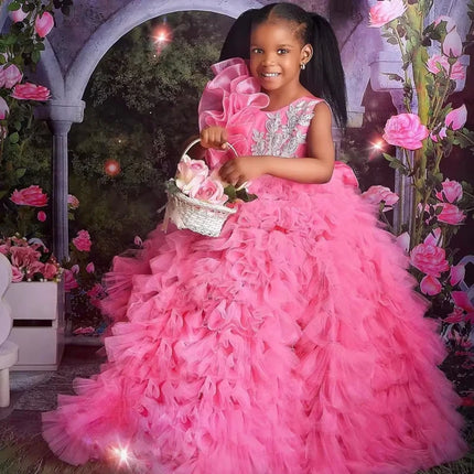Customized Rose Pink Flower Girl Dresses Tulle Puffy White Embroidery Sleeveless For Wedding Birthday Prom Holy Communion Gowns