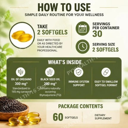 Oil of Oregano Softgels 6000mg with Black Seed Oil for Immune System & Digestive Support,Soy-Free Gluten-Free 60 Softgels