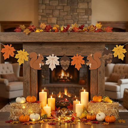 Fall Felt Pumpkin Pinecone Maple Leaf Garland Autumn Harvest Banner for Fireplace Mantel, Thanksgiving Home Decoration Halloween