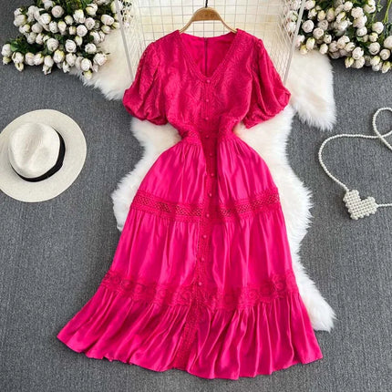 Short puff sleeve dresses Women 2025 Summer Solid V-neck Lace embroidery dress Patchwork Elegant 4D068