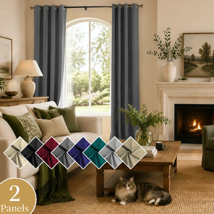 2 PCs Thermal Insulation 100% Blackout White Coating Curtains for Bedroom, Privacy Protection Noise Reduction Room Darken Grommet Top Curtains for Office, Living Room, Dining Room