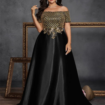 Plus Size Elegant Short Sleeve Sequins Splicing Formal Evening Dresses Women Luxury Party Bridesmaid Cocktail Gowns