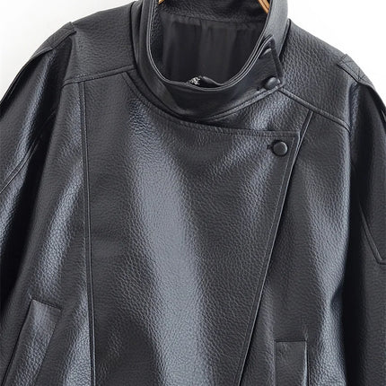 Women's Jacket 2026 Autunm  New Black Long Sleeve Pebble Faux Leather Jacket Motorcycle Style Personality Fashion