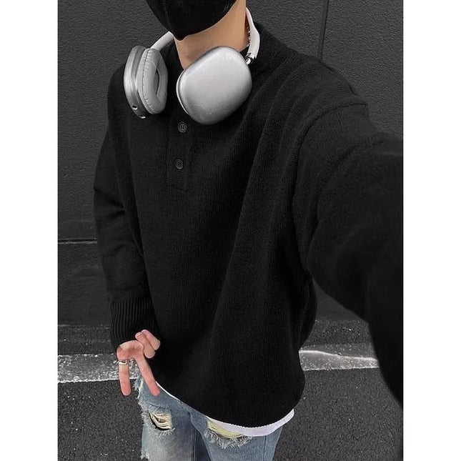 American style Henry collar sweater for men in winter, lazy, high-end, trendy, and handsome. Long sleeved men's inner layer with