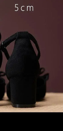 Small Size 30-44 Black Shoes Women Summer High Heel Sandals Chunky Heel Hollow Bow Women's Sandals Shoes