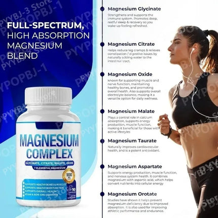 90 Pieces Magnesium Complex Capsule Contain 7 Ingredient – Glycinate Citrate and  Malate Etc 1000mg Health Nutrition Support