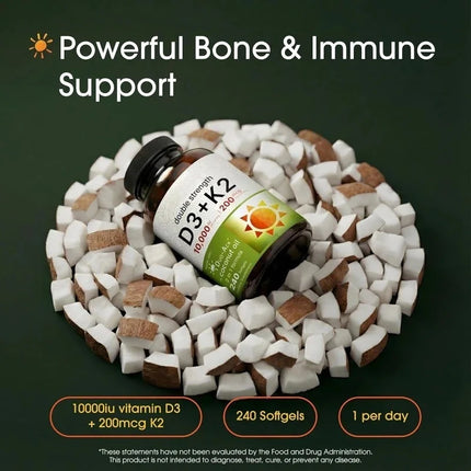 Vitamin D3 K2, 5000 IU D3 & 100mcg K2 MK-7, 240 Softgels with Coconut Oil, Bone & Immune Health Support Gluten Free Unflavored