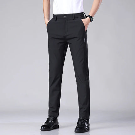 Ultra-thin Elastic Men's Casual Trousers Summer Quick-drying Ice Silk Slim Straight Business Solid Color Trousers Black Gray