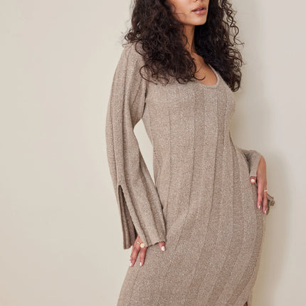Longer Dress Women Wool Jumpers Winter Fashion V-Neck Knitwears Full Sleeve Ladies Dresses ribbed knit midi dress