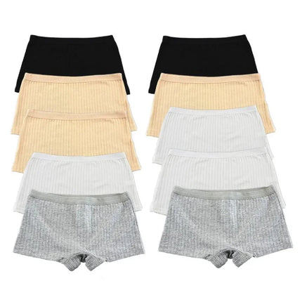 10PCS Women Boxers Underwear Ribbed Cotton Panties Sports Ladies Boyshorts Female Solid Color Cozy Lingerie Intimate