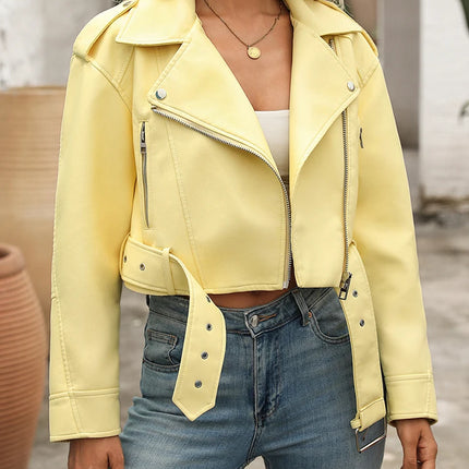Ailegogo Spring Autumn Women Faux Pu Leather Short Jacket with Belt Motorcycle Biker Female Zipper Lapel Loose Coat Outwear