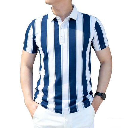 Men's Casual Color-blocked Striped Polo Shirt Business Casual 2026 Summer Stripe Print Polo Classic Style Outdoor Breathable