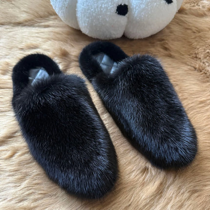 Real Mink Fur Home Slippers For Women Leather Insole Flat Plush Warm Shoes Woman Winter Comfort Non Slip Outdoor Indoor Slippers