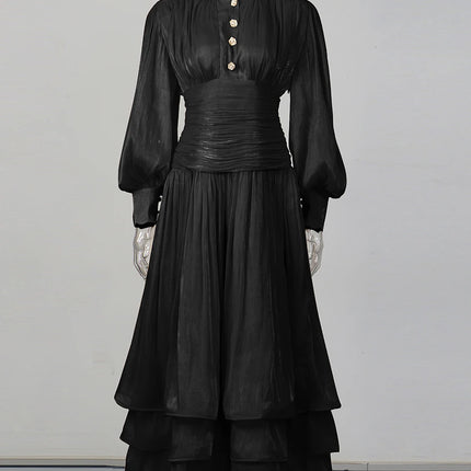 TWOTWINSTYLE Solid Spliced Metal Buttons Temperament Long Dresses for Women High Neck Long Sleeves Patchwork Folds Dress Female