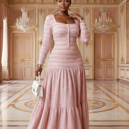 Women's Square Neck Button Front Long Sleeve Tiered Maxi Dress For Wedding Guest Dinner Evening Formal Fashion Occasions