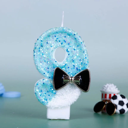 Black Bow Tie Digital Number Birthday Candles Little Boy Theme Dual-Color Design Party Cake Topper Decoration