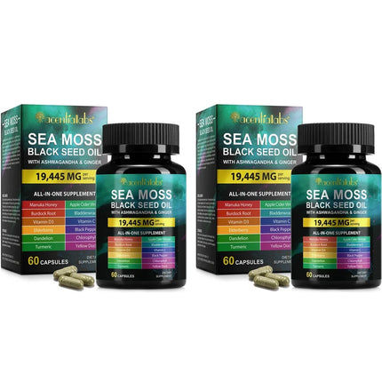 Acentialabs Sea Moss Black Seed Oil Capsules with Ashwagandha Vitamin C and Vitamin D3 Immune Energy & Detox Support 60 Capsules