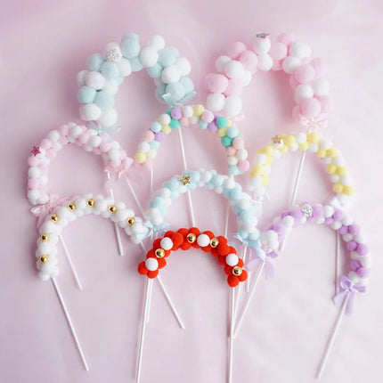 Colorful Archway Cake Topper Flags Fuzzy Ball Birthday Wedding Cupcake Toppers Party Baby Shower Cake Decor DIY