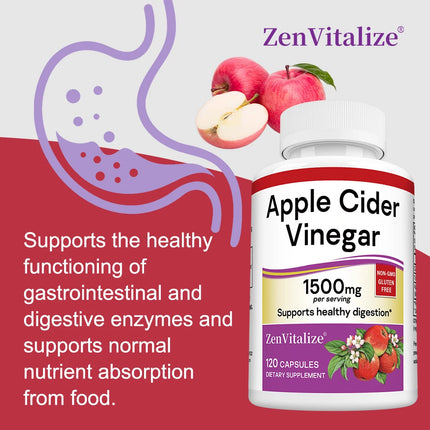Apple Cider Vinegar Capsules, 1500mg, 120 Capsules, Non-GMO, Gluten Free Supplement, Support Digestive Health