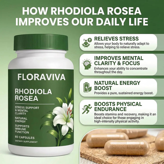 Floraviva Rhodiola Rosea Organic Capsules, Rhodiola Rosea Supplement, Adaptogenic Herb for Daily Stress Support & Energy Balance – 500mg per Serving