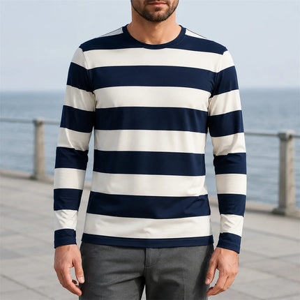 Autumn Daily Casual Stripe Long Sleeve T-shirt For Men 3D Print Contrast Color Design Round Neck T Shirts Basic Versatile Styles