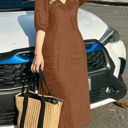 ZANZEA Women V Neck A-line Vestidos Solid Holiday Casual 2024 Summer Dresses Commute Half Sleeve Floral Embroidery Midi Dress