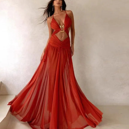 Ruched Mesh Camisole Maxi Dress Women Sexy Metal Buckle Deep V Neck Spaghetti Straps Backless Vacation Party Long Robe Beachwear