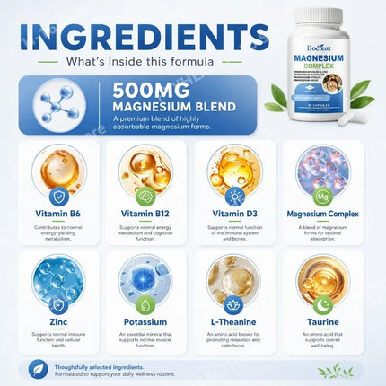 Triple Magnesium Complex Capsules with Glycinate Citrate and Oxide Daily Wellness and Mineral Nutrition Supplement 60 Count