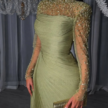 SESSRYMNIR Women'S Formal Evening Gowns Customize Scoop Neck Beading Luxury Evening Dresses Long Sleeves Straight Floor-Length