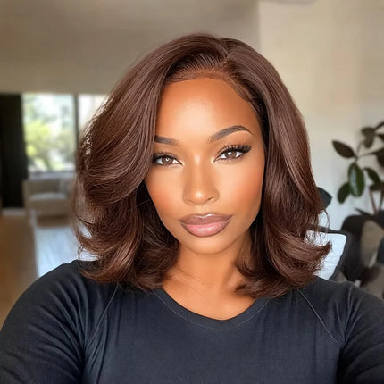 Chocolate Brown 13x4 Body Wave Bob Wig Human Hair Wigs 200 Density #4 Brown Blunt Cut Short Bob Lace Front Wigs Human Hair Short Bob Glueless Wigs for Women