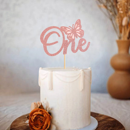One With Butterfly Cake Topper Bowtie Happy Birthday Anniversary Kids Adult Pink Cupcake Baking Decor Party Flag One Year Old