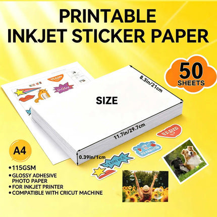ESHANG 115GSM Glossy Printable Inkjet Sticker Photo Paper,A4 50 Sheets Papers For Handmade DIY, Product Labels, Cup Decorative
