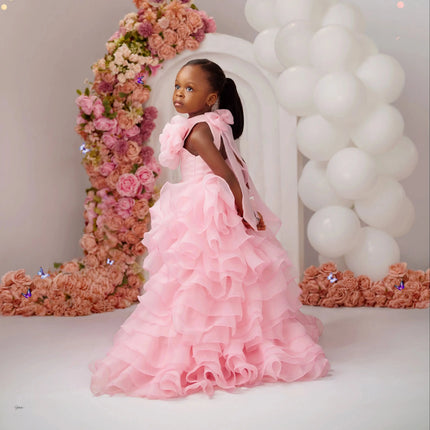 Baby Pink Girl's Birthday Dress Flower Girl Dresses Ruffled Tiered High Low Wedding Party Prom Dress Customized