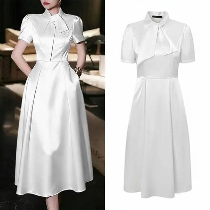 Women's Elegant Pink Satin Party Dress Tie-Neck Short Sleeves Fit and Flare A-Line Midi Dresses ZANZEA Woman Evening Robes 3XL
