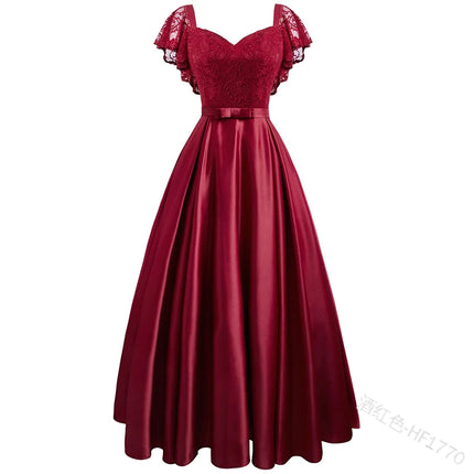Elegant Gorgeous Pink turquoise Ruffle Sleeve Party Satin Long Dress Lace Prom Gowns Wedding Lady Autumn Evening Maxi Dresses