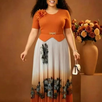 Miyake 2026 Summer New Fashion Design Sense Waist Printing Color Matching Big Pendulum Dress Elegant Women's Clothing