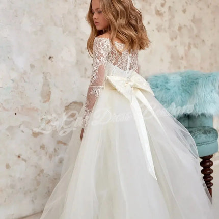 White Full Lace Long Sleeve Tulle Flower Girl Dress Back Bow Floor Length Kids First Holy Communion Wedding Birthday Custom Gown