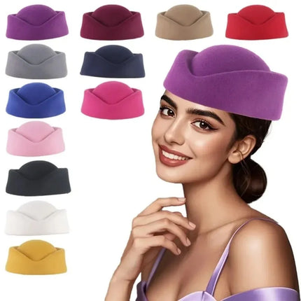 New British Retro Top Hats Formal Concave Top Felt Beret Solid Flight Attendant Hat Women Headwear